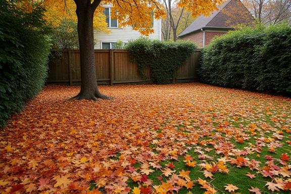 A backyard covered in autumn leaves before a clean-up.