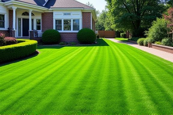 The same residential front yard, now neatly mowed and edged.