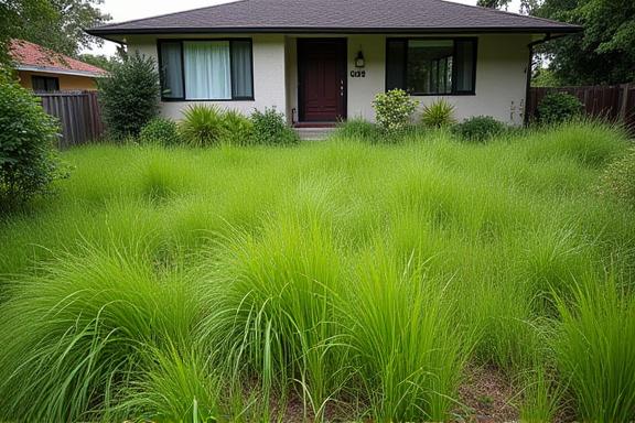 An overgrown residential front yard before service.