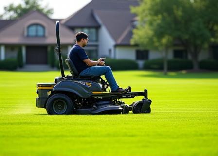 A professional riding mower on a large green lawn.